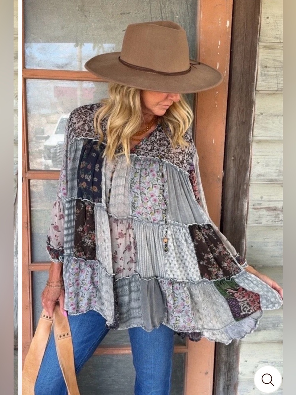 Young Threads Boho Patchwork Tunic Top in Grey Floral Mix Bell Sleeve sz Med